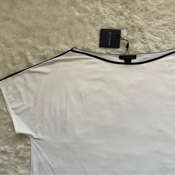 St. John Top Boatneck Short Sleeve Blouse White Black Trim Sz XL NWT New - Picture 3 of 8